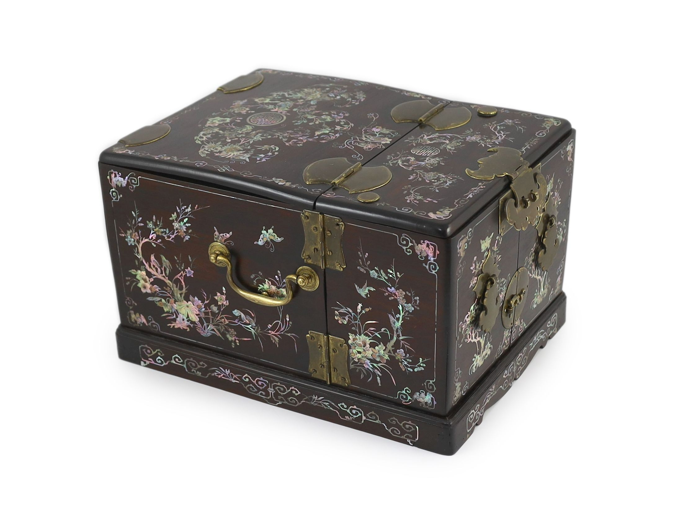 A Chinese hongmu and mother-of-pearl make up or jewellery box, late 19th century, 36 cm x 27 cm